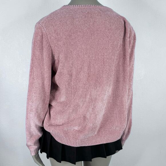 Chenille Argyle Sweater Pink Gray White Size XL Cozy Y2K Grandma Core - Picture 3 of 9